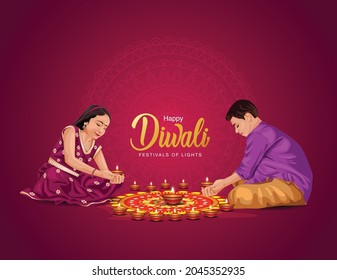 happy Diwali greetings vector illustration. illustration of children's making Rangoli and diya decoration. 