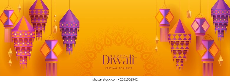 Happy Diwali. Group of paper graphic Indian lantern on Indian festive theme big banner background. The Festival of Lights.