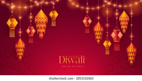 Feliz Diwali. Grupo de papel gráfico linterna india sobre el fondo de la gran pancarta tema de la fiesta india. El Festival de las Luces.