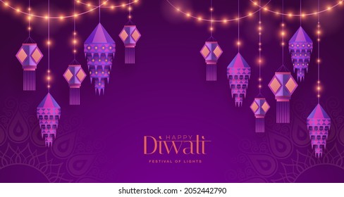 Happy Diwali. Group of paper graphic Indian lantern on Indian festive theme big banner background. The Festival of Lights.