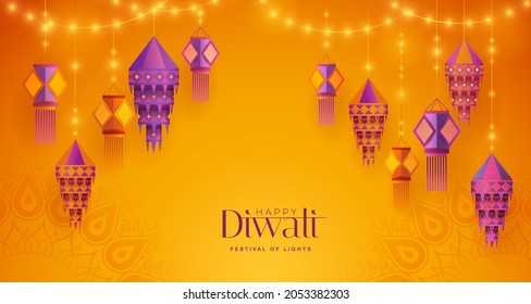 Happy Diwali. Group of paper graphic Indian lantern on Indian festive theme big banner background. The Festival of Lights.