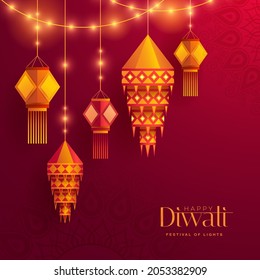 Happy Diwali. Group of paper graphic Indian lantern. The Festival of Lights.