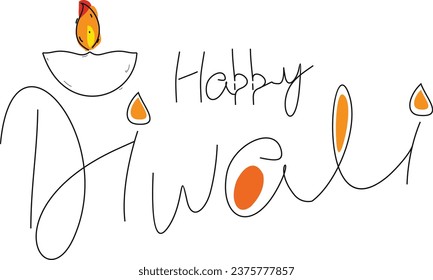 Happy Diwali hand drawn lettering, line art diya background of indian festival for diwali celebration
