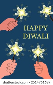 Feliz Diwali. mano sosteniendo bengalas sobre fondo oscuro. Anuncio de Vertical de Vector.