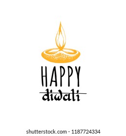 Happy Diwali hand lettering on white background. Vector lamp illustration for Indian holiday greeting or invitation card, fest poster.