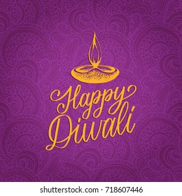 Happy Diwali hand lettering on abstract pattern background. Vector lamp illustration for Indian holiday greeting or invitation card, fest poster.