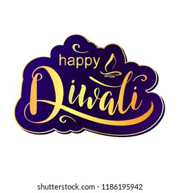 Happy Diwali. Hand written gold lettering and abstract lamp on dark blue background. Modern calligraphy. Vector festival illustration as poster, greeting card, postcard, card, invitation template.	

