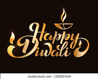 Happy Diwali. Handwritten brush black text, gold pinstripe. Beautiful lettering invitation, greeting, prints, posters. Typographic inscription, calligraphic design vector. EPS 10