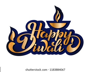 Happy Diwali. Handwritten brush black text, gold pinstripe. Beautiful lettering invitation, greeting, prints, posters. Typographic inscription, calligraphic design vector. EPS 10