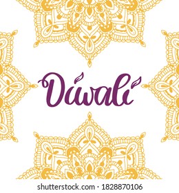 Happy Diwali handwritten lettering holiday design. Modern hand drawn calligraphy phrase and mandala isolated on white background for your poster, postcard, invitation or greeting card.