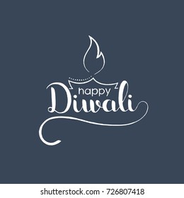 Happy Diwali handwritten lettering. Modern vector hand drawn calligraphy with Indian diya oil lamp over grey background for your poster, postcard, invitation or greeting card design