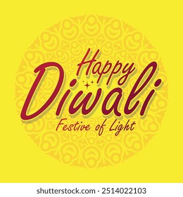 Happy Diwali handwritten lettering on a beautiful mandala yellow background. India traditional festival diwali celebration greeting card, poster, banner, template.