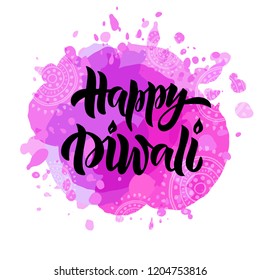 Happy Diwali - handwritten modern lettering. Hindu festival of lights. Design for poster, invitation, greeting card, postcard, gift, banner. Vector illustration on textured background.