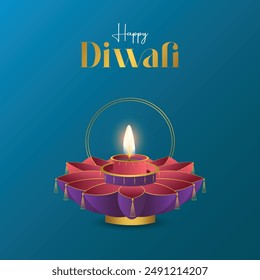 Happy Diwali. Hanging 3D graphic of Diya lantern. Indian festival of lights.