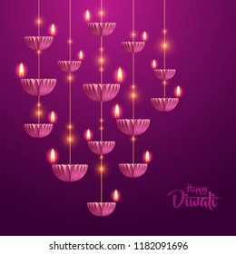 Happy Diwali. Hanging paper graphic of Diya lantern. Indian festival of lights. 