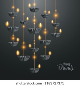 Happy Diwali. Hanging paper graphic of Diya lantern. Indian festival of lights. 