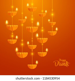 Happy Diwali. Hanging paper graphic of Diya lantern. Indian festival of lights. 