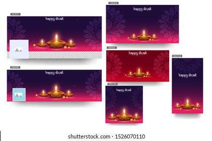 Happy Diwali header, poster and template design with illuminated oil lamp (Diya) on purple and pink mandala pattern background.