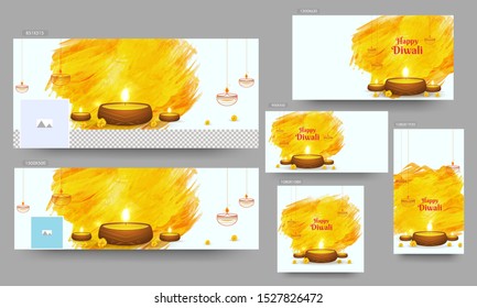 Happy Diwali header, poster or template set with illuminated oil lamps (Diya) and yellow brush stroke effect on white background.