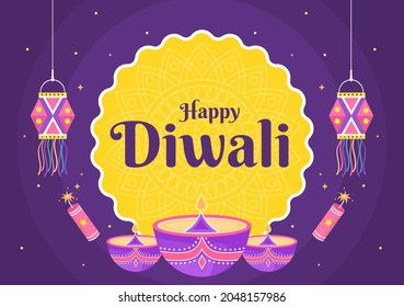 Happy Diwali Hindu Festival Background Vector Illustration with Lanterns, lighting Fireworks, Peacock and Mandala or Rangoli Art For Poster, Greeting Card Template