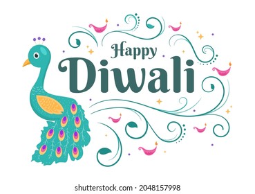 Happy Diwali Hindu Festival Background Vector Illustration with Lanterns, lighting Fireworks, Peacock and Mandala or Rangoli Art For Poster, Greeting Card Template