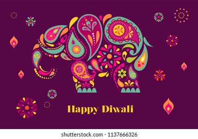 Happy Diwali Hindu festival banner, card. Elephant with paisley pattern illustration, background for light festival of India