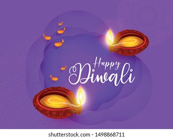 Happy Diwali Hindu festival banner, card. Burning diya illustration, background for light festival of India.