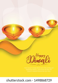 Happy Diwali Hindu festival banner, card. Burning diya illustration, background for light festival of India.