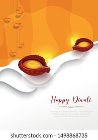 Happy Diwali Hindu festival banner, card. Burning diya illustration, background for light festival of India.