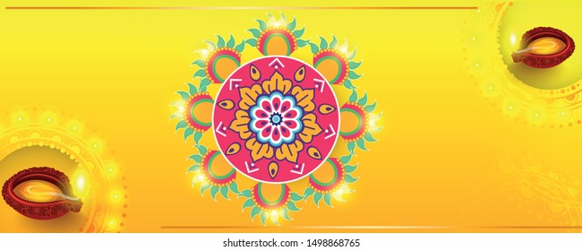 Happy Diwali Hindu festival banner, card. Burning diya illustration, background for light festival of India.