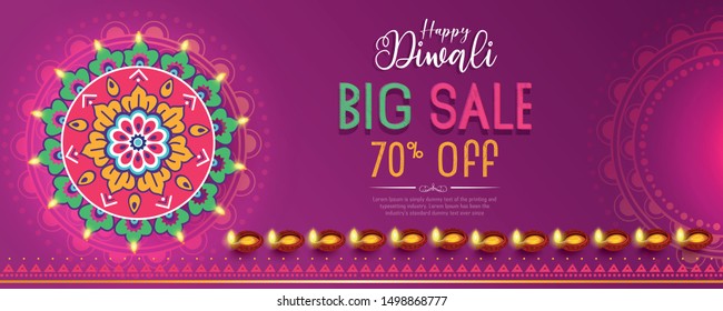 Happy Diwali Hindu festival banner, card. Burning diya illustration, background for light festival of India.