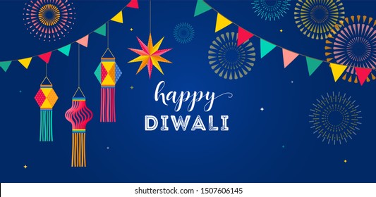 Happy Diwali Hindu festival banner, greeting card. Burning diya illustration, background for light festival of India