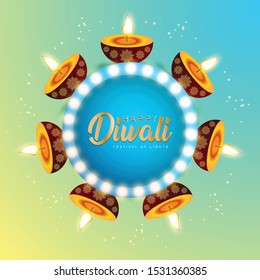 Happy Diwali Hindu festival banner, card. Burning diya illustration, background for light festival of India.