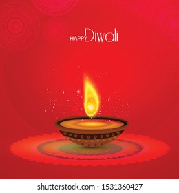 Happy Diwali Hindu festival banner, card. Burning diya illustration, background for light festival of India.