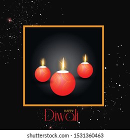Happy Diwali Hindu festival banner, card. Burning diya illustration, background for light festival of India.
