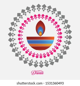 Happy Diwali Hindu festival banner, card. Burning diya illustration, background for light festival of India.