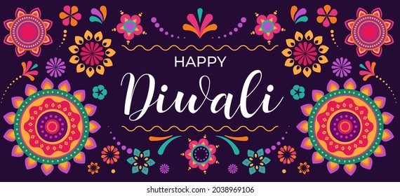 Happy Diwali Hindu festival banner, greeting card. Burning diya illustration, background for light festival of India