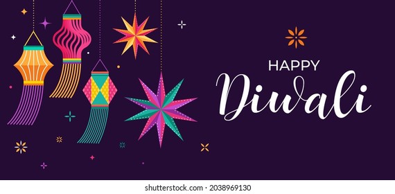 Happy Diwali Hindu festival banner, greeting card. Burning diya illustration, background for light festival of India