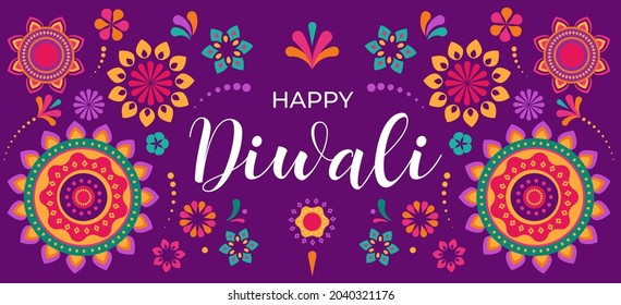 Happy Diwali Hindu festival banner, greeting card. Burning diya illustration, background for light festival of India