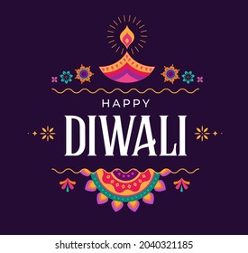 Happy Diwali Hindu festival banner, greeting card. Burning diya illustration, background for light festival of India