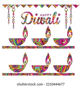 Happy Diwali Hindu festival banner, card. Colorful Burning diya illustration, background , art , greeting card, advt 