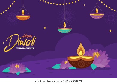 Happy Diwali Hindu festival banner, greeting card. Burning diya illustration, background for light festival of India