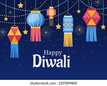 Happy Diwali Hindu Festival design with hanging light lantern element.
Colorful Diwali hanging lantern illustration.
India tradition diwali festival.
Suitable for greeting card, banner, poster, etc