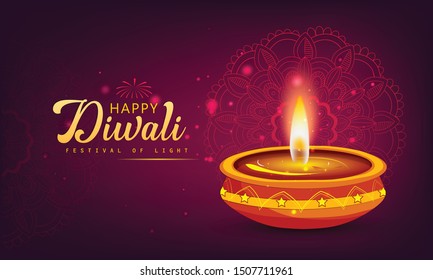 Happy Diwali Hindu festival greeting card with modern elements and diya