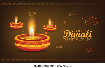 Happy Diwali Hindu festival greeting card with modern elements and diya