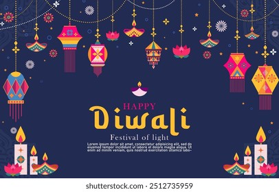 Happy Diwali Hindu festival horizontal banner, greeting card, cover. Burning diya illustration, background of light festival