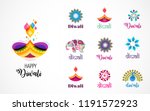 Happy Diwali Hindu festival icons, elements, logo set. Burning diya illustration, light festival of India