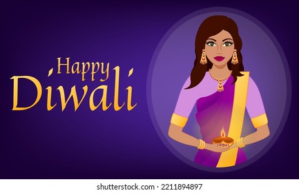 Happy Diwali Hindu festival. Indian festival of lights. Avatar of a beautiful Indian woman wearing sari and carrying lamp