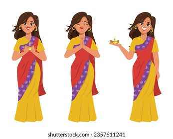 Happy Diwali Hindu festival. Indian festival of lights. Avatar of a beautiful Indian woman wearing sari and carrying lamp. Portrait Young indian woman wearing saree.