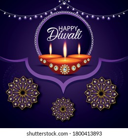 Happy Diwali Hindu festival of lights & Happiness. Diwali holiday greeting card with lights. Creative Diya flame in golden blur effect background and traditional calligraphy.